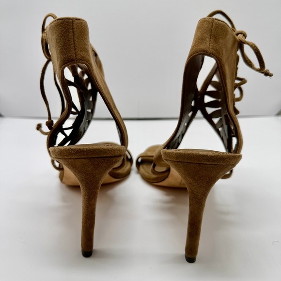 Tory Burch Tan Suede Lace-Up Sandal Heels Fan-Cut Side Detail US Size 8.5 - Picture 6 of 12